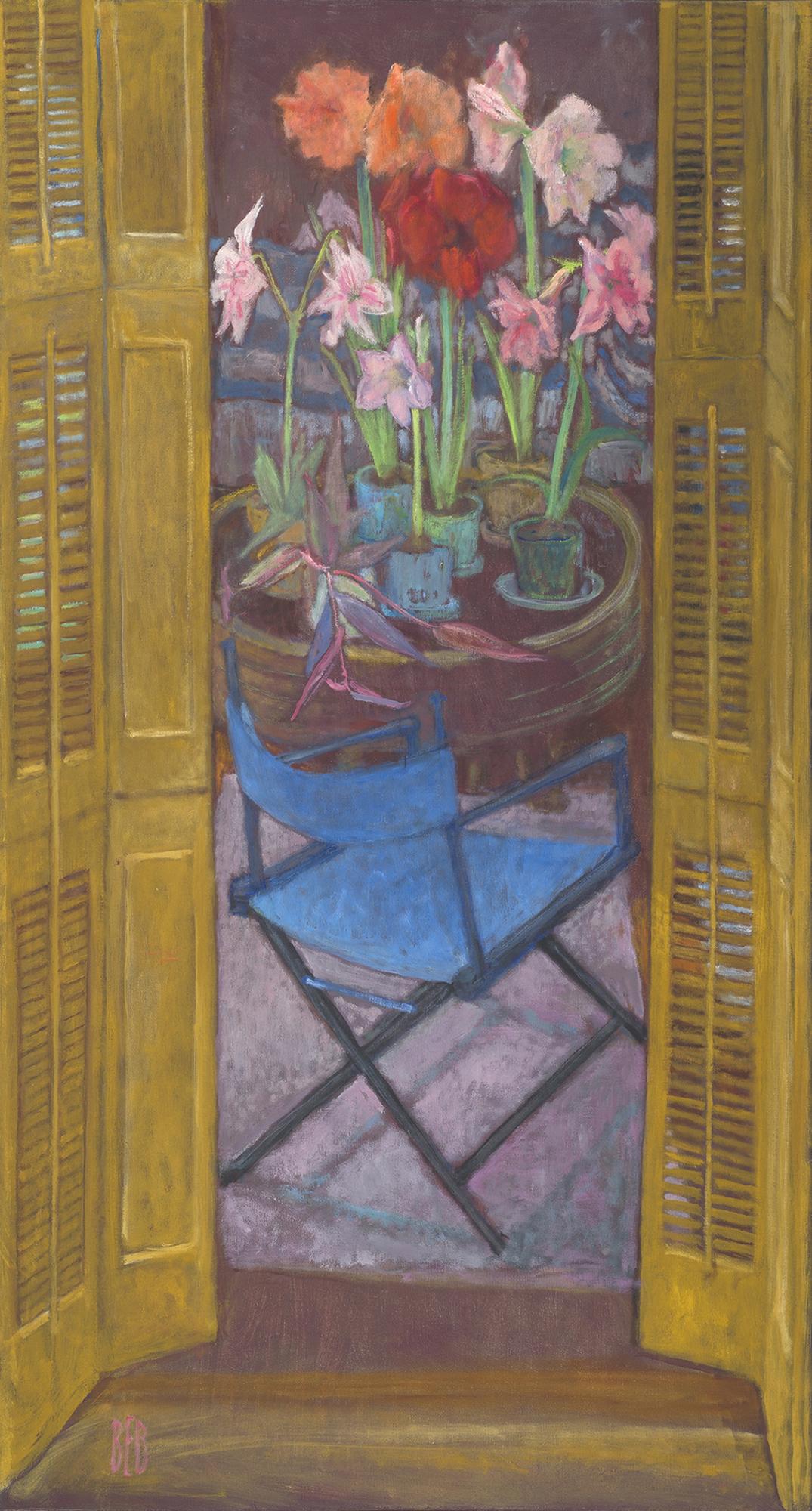 Blue Chair with Amaryllis in pot, looking through doors