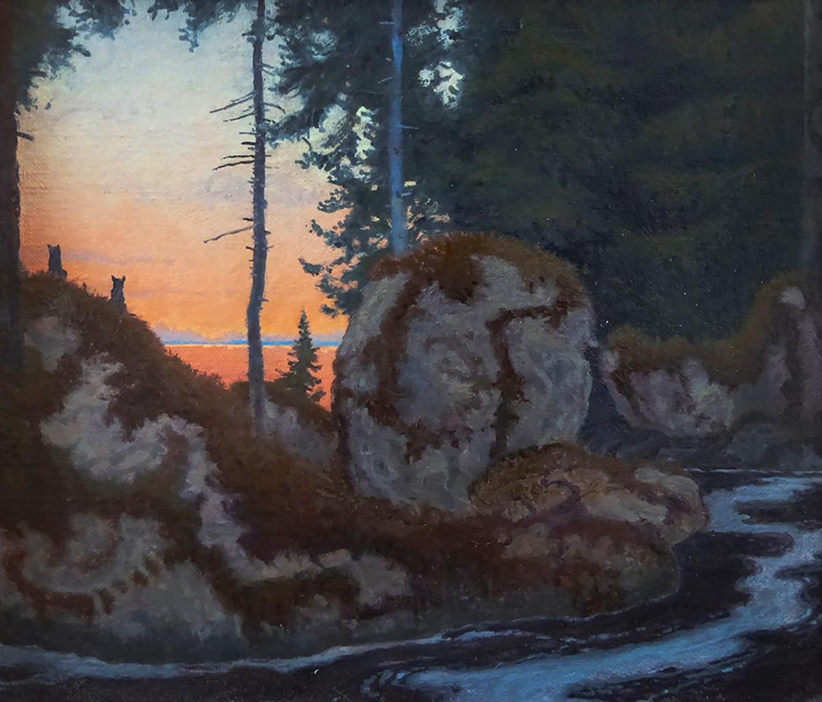 Forest Landscape with River, Bear and Susnset