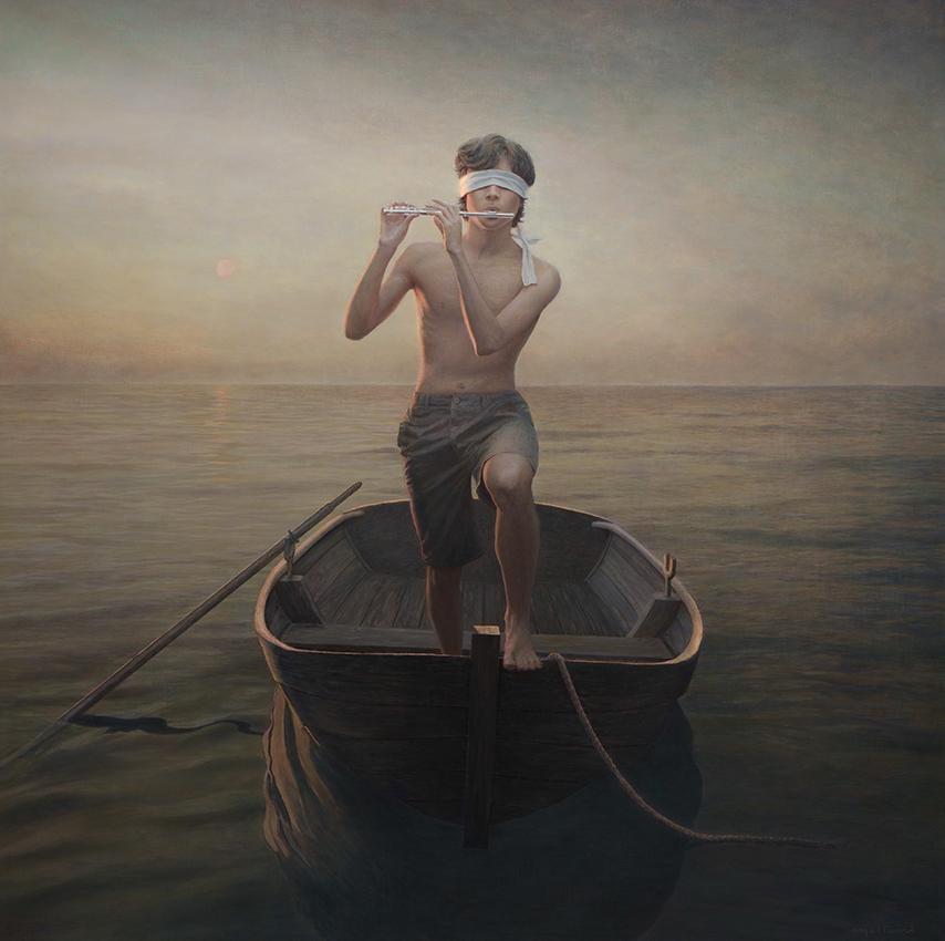 Lazaretto Boy Blindfolded playing flute on rowboat by David Molteni