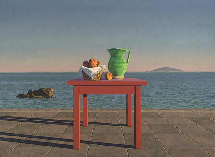 Aeolian Still Life with Red Table, Green Pitcher, Fruit and Ocean