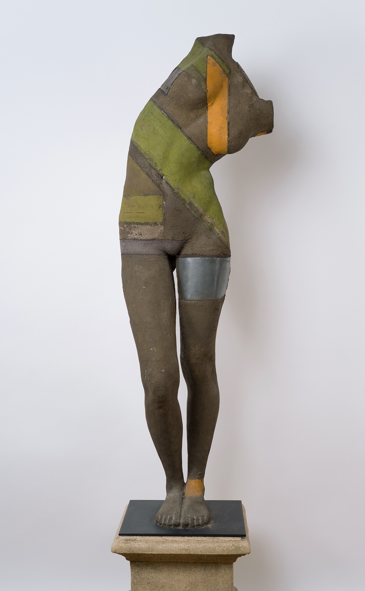 Opposition, leaning nude figure with color blocks by Victor Roman