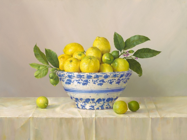 Lemons in Spongeware Bowl by Pamela Carroll