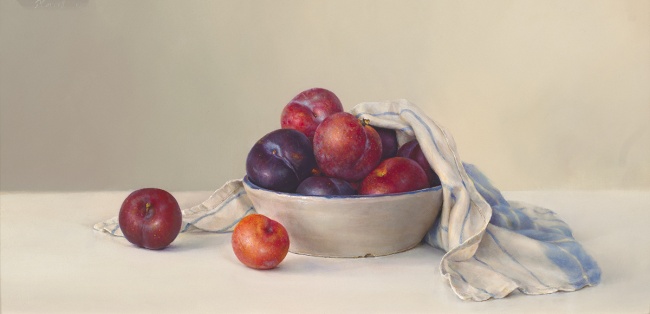 Plums in Bowl with Dishcloth by Pamela Carroll